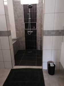 a bathroom with a shower with a black and white tiles at Logement de 100 m carré in Rémire-Camp