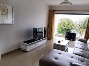 een woonkamer met een bank en een tv bij Ti Coco in Pereybere