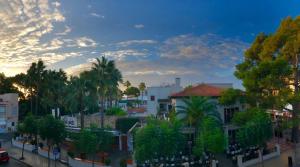 uitzicht op een stad met palmbomen en gebouwen bij Pinien Platz in Cala Ratjada