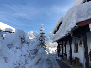 a snow covered street next to a house with a snow covered tree at Ferienwohnung Edelweiß - Haus Martin in Bischofswiesen