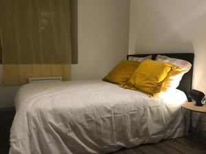 a bed with two yellow pillows on top of it at Etape Moulinoise (rez-de-chaussée) in Moulins