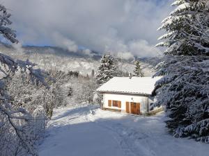 une petite maison dans la neige avec des arbres dans l'établissement Villa pleinevie, à Lans-en-Vercors