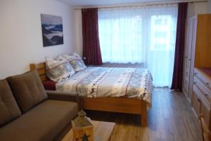 - une chambre avec un lit, un canapé et une fenêtre dans l'établissement Apartmán Josef, à Kaprun