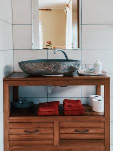 um balcão de casa de banho com um lavatório e um espelho em Gîte Domaine de la Ferme d'Erambere lot 67 route de la Nondoue em Dumbéa