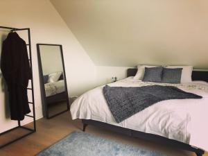 a bedroom with a large bed and a mirror at Molenstraat in Dendermonde