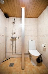a bathroom with a toilet and a shower at Lake Kesänki Cottage in Äkäslompolo +18 photos