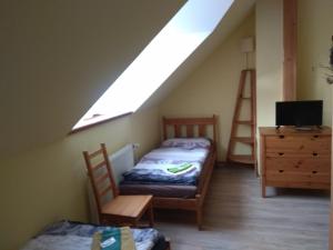 Cette chambre mansardée comprend 2 lits et une lucarne. dans l'établissement Statek Olšany, à Olšany