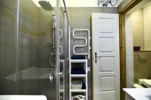 y baño con ducha y puerta de cristal. en Cosy flat in Király str, Queen en Budapest