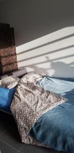 a bed with a blanket on top of it at Le Berc'AYE in Aye