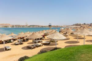a group of umbrellas and chairs on a beach at Xperience St. George Sharm El Sheikh in Sharm El Sheikh