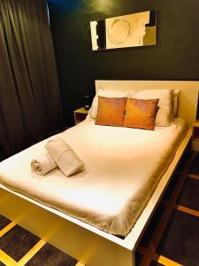 1 cama blanca grande con 2 almohadas en Le Grand Large - Apartment parking & balcony by the lake modern bright en Annecy