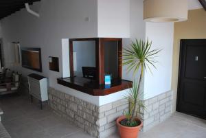 a bathroom with a mirror and a potted plant at Sur Hotel in Necochea