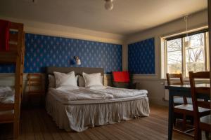a bedroom with a bed with blue walls and a desk at Mamma Carinas Pensionat B&B in Bankeryd
