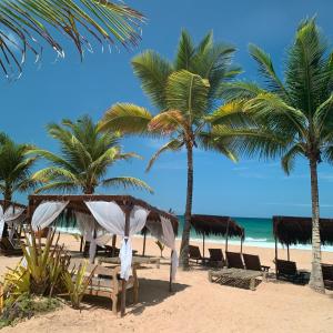 einen Strand mit Sonnenschirmen, Palmen und dem Meer in der Unterkunft Rumah Pousada in Barra Grande