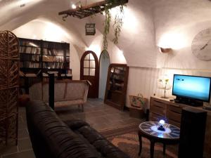 salon z kanapą i telewizorem w obiekcie Gite de provence - Bayons w mieście Bayons