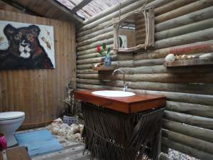 a bathroom with a sink in a wooden wall at Esprit Caraibe in Saint-François