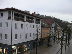 rząd budynków na ulicy z drzewami w obiekcie Restaurant Engel am Marktplatz Tuttlingen w mieście Tuttlingen