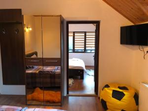 a room with a mirror and a bedroom with a bed at Casa Albert Sinaia in Sinaia