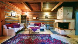 Zdiar Holiday Cottage في زديار: غرفة معيشة مع جدران خشبية ومدفأة