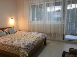 um quarto com uma cama e uma grande janela em Apartment Vistanova em Vrdnik