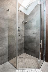 een douche met een glazen deur in een badkamer bij Villa Avirio Vingis in Druskininkai +50 foto's