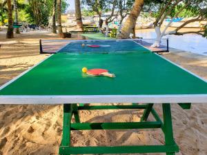 eine Tischtennisplatte am Strand mit einem Ball darauf in der Unterkunft Scorpion Hill Lodge in Busua