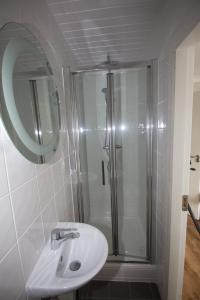 a bathroom with a shower and a sink at Coral Gables Guesthouse & Campsite in Rosslare
