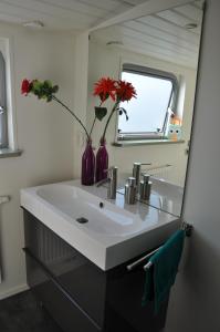 a bathroom with a sink with red flowers in a mirror at Private Lodge on Houseboat Amsterdam in Amsterdam