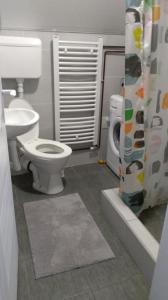 a bathroom with a toilet and a shower curtain at Apartman Vukašin in Kopaonik +32 photos