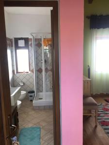 a bathroom with a shower and a sink and a toilet at Hani i Leks Agroturizem in Lezhë
