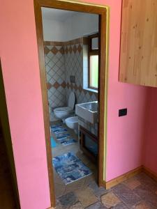 a bathroom with two toilets and a sink and a mirror at Hani i Leks Agroturizem in Lezhë