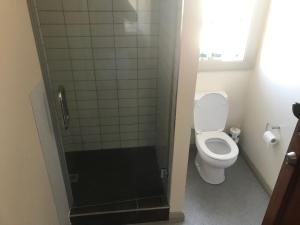 a bathroom with a toilet and a shower at Sandy Feet Lodge in Christchurch
