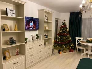 a living room with a christmas tree in the corner at Studio 16 Predeal in Predeal