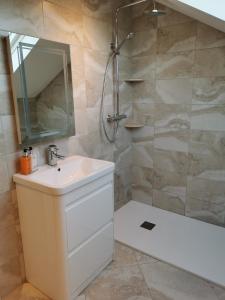 a bathroom with a sink and a shower at Slievescape in Newry