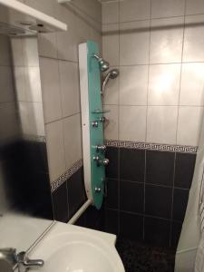 ein Badezimmer mit einem WC, einem Waschbecken und einem Spiegel in der Unterkunft La Sarronaise in Pont-Sainte-Maxence