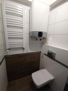 a white bathroom with a toilet and a window at Apartament wygodny S4 in Kalisz