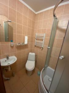 un bagno con wc, lavandino e doccia di Yulita a Bukovel
