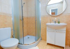 uma casa de banho com um chuveiro, um WC e um lavatório. em Guest House Simona em Lazdijai
