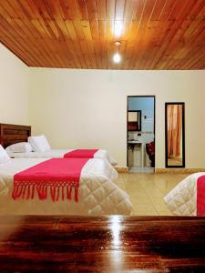 a bedroom with two beds with a red blanket at HOTEL CASA D'LINA CENTRO in San Cristóbal de Las Casas