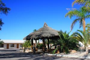 a resort with palm trees and a straw hut at BIG4 Stuart Range Outback Resort in Coober Pedy