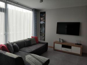 Televízia a/alebo spoločenská miestnosť v ubytovaní Domek nad Żylicą