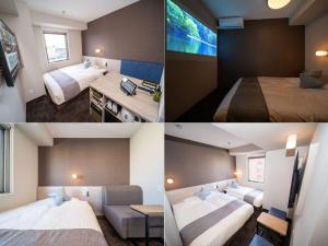 três fotografias de um quarto de hotel com duas camas em Super Hotel Premier Saitama Higashiguchi em Saitama
