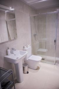 a bathroom with a toilet and a sink and a shower at Plaza B - Local Rentss in San Sebastián
