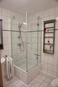 a shower with a glass door in a bathroom at Am Strand in Juliusruh