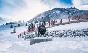 a train in the snow on a mountain at Wellnesshotel Warther Hof in Warth am Arlberg