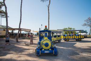 een kleine blauwe en gele trein op een speelplaats bij Villaggio Orizzonte in Riotorto