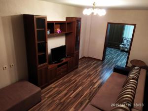 a living room with a couch and a television at Новая двухкомнатная квартира в центре Воронежа. in Voronezh