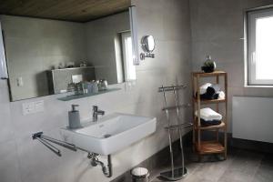 La salle de bains est pourvue d'un lavabo et d'un miroir. dans l'établissement Haus Neuwirt, à Sautens