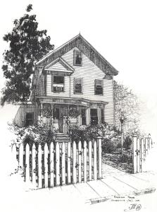 eine schwarz-weiße Zeichnung eines Hauses mit einem Zaun in der Unterkunft The Morrison House Bed and Breakfast in Somerville