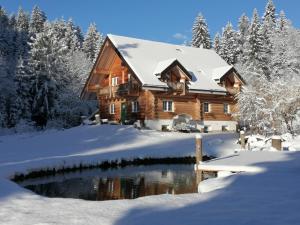 una cabaña de madera en la nieve con un estanque en Chalet le Dorf, en Nötsch